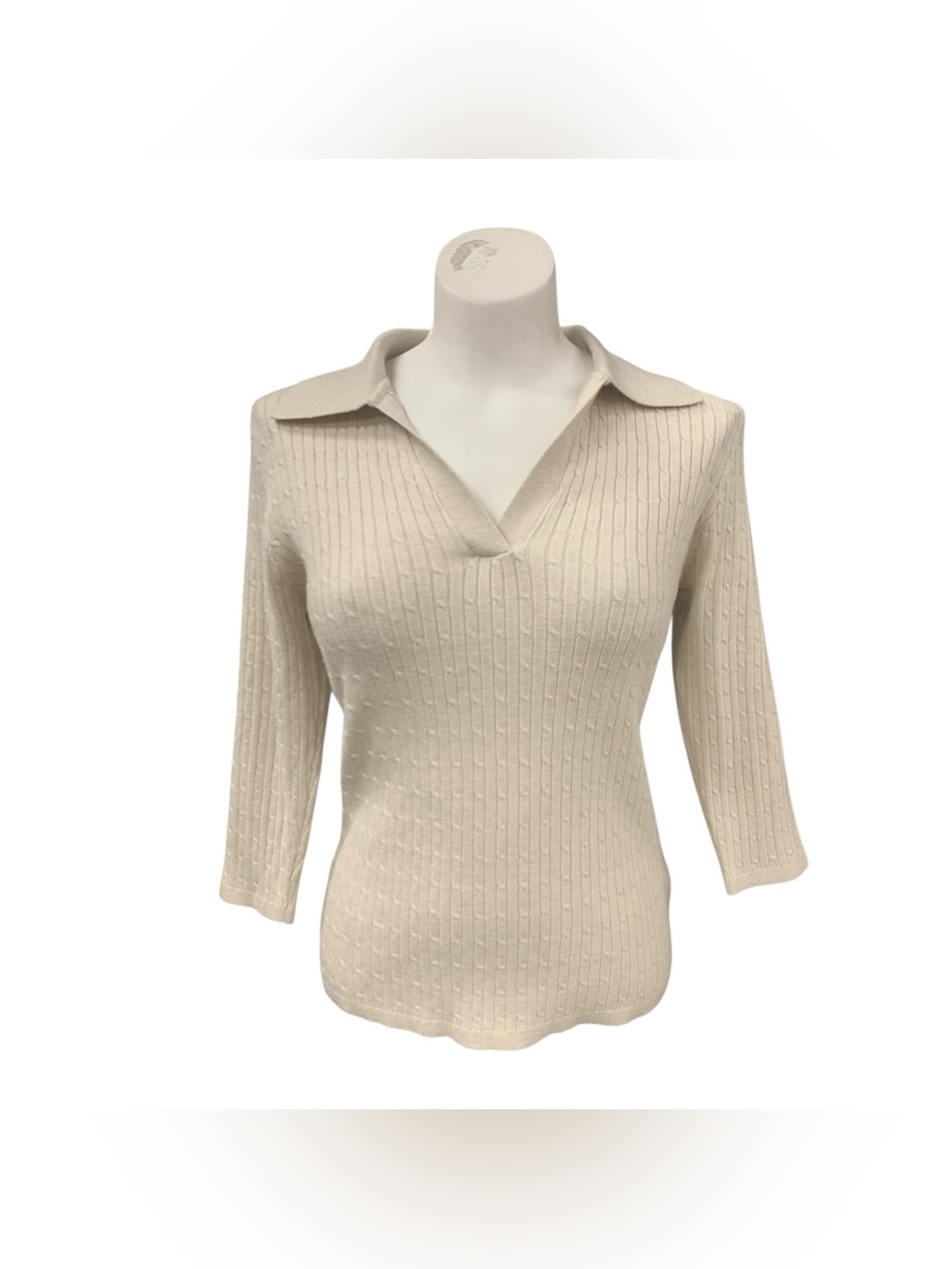 Suzy Shier Cream Ribbed V-Neck Polo Sweater Size L